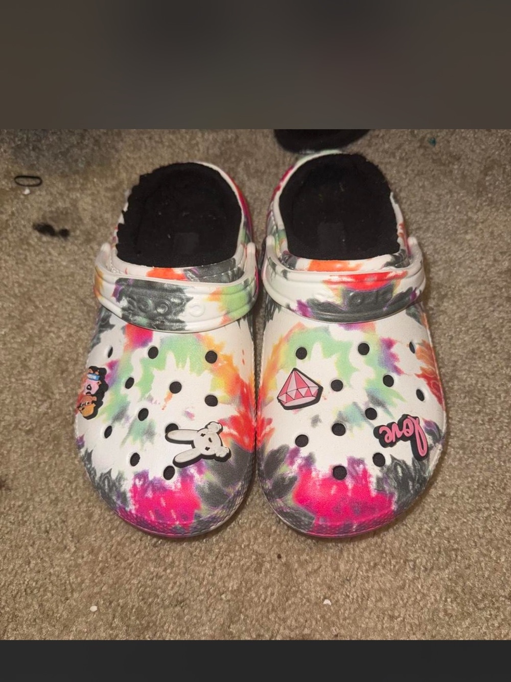 womens White Tie-Dye Clog Shoes with Fun Charms